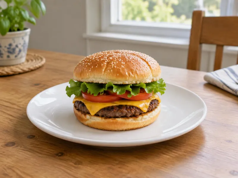 Una hamburguesa servida en un plato sobre una mesa.