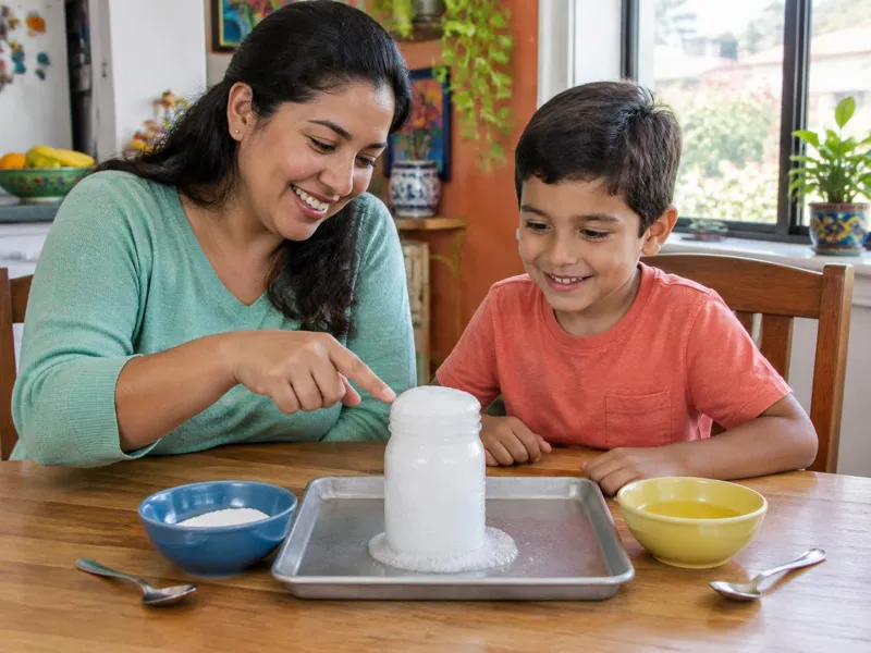 Una madre y su hijo comparten un experimento de espuma en casa.